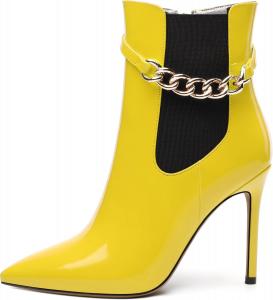 Женские ботильоны, короткие ботинки с высоким каблуком и заостренным носком, боковая молния, модный ремешок с цепочкой RLYGHWAO, Yellow Patent