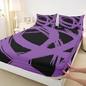 Erosebridal Фиtted Sheet Purple and Black Abstract Geometric Striped Minimalist Graffiti Aesthetic Contemporary Boho Modern Art, Purple and Black