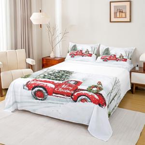 Erosebridal Комплект постельного белья с новогодним принтом красный грузовик и кардиналы в винтажном стиле, White,green Red