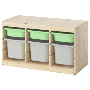 Комбинированный стеллаж с ящиками, сосна светло-белая, окрашенная в светло-зеленый/серый цвет, 93x44x52 см. IKEA Trofast