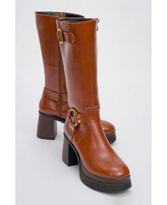 Ботинки на толстом каблуке с пряжкой и молнией Rock Buckle Zip Block Heel Boot (женские) Prologue Shoes, Cognac faux leather