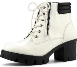 Женские боевые ботинки Allegra K с округлым носком, массивным каблуком, шнуровкой и молнией, Weiss/Opulenter Garten