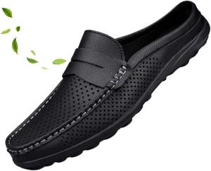 Мужские кожаные шлепанцы с вырезами, слипоны-мюли, дышащие тапочки с открытой пяткой, повседневные летние сандалии-мокасины Zplmide, черный