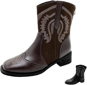 Женские ковбойские ботинки, ботильоны, ковбойские западные сапожки с вышивкой, квадратный носок, низкий каблук, ботильоны Generic, Brown