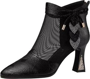 Женские летние сандалии на высоком каблуке с сеткой, с rhinestone, ботильоны на каблуке с острым носком и задней молнией Generic, Black