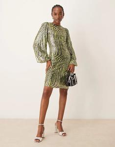 Мини-платье с пайетками в зеленом зебре YAS