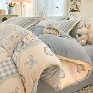 Yalu Комплект постельного белья из 3 предметов, простыня на резинке 1.2 м, для одеяла 150*200 см, утолщенный велюр, цвет Huazhan Xiaotu