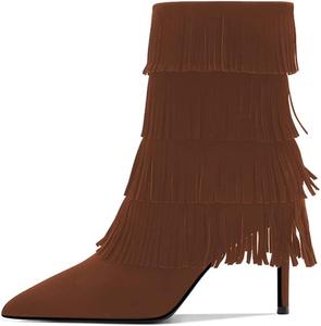 Женские сапоги YDN Cowgirl с бахромой, кисточками, высоким каблуком-стилето до колена, боковой молнией, длинные ботильоны в западном стиле, размеры 4-15 US, Brown Ankle High