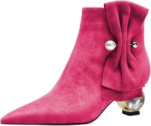 Женские ботильоны XYD с низким каблуком, заостренным носком, жемчужным бантом сбоку, кристаллами, массивным низким каблуком и внутренней молнией, обувь для мероприятий, Deep Pink