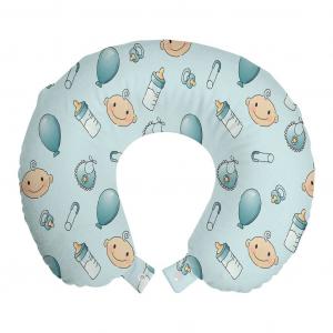 ABAKUHAUS Baby Travel Pillow Подушка для шеи, узор «Детские элементы», пенопластовые дорожные принадлежности для самолета и автомобиля, 30x30 см, нежно-голубой, бирюзово-коричневый