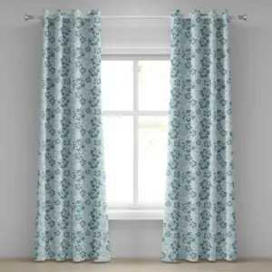 Штора на люверсах Гавайи от ABAKUHAUS, цветочный силуэт, весенняя выцветшая цветочная композиция, природа в цвету, декоративные двухпанельные шторы, 280 см x 225 см, нежно-бирюзовый цвет