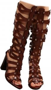 Женские сандалии-гладиаторы SACFOF с заклепками, открытым носком, массивным высоким каблуком, римской застежкой-молнией, летние сандалии до колена, Brown