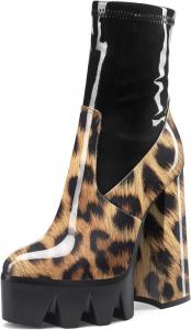 Женские ботильоны на платформе Aachcol с толстым каблуком, высокой пяткой, коротким голенищем, молнией, округлым закрытым носком, лакированные, каблук 5,5 дюйма, Brown Leopard