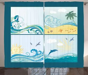 Штора ABAKUHAUS Beach Rustic с морскими волнами, присборенная для спальни, с петлями и крючками, 280 x 175 см, цвет: синий, бежевый, зеленый Abakuhaus