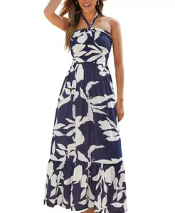Женское пляжное платье макси с цветочным принтом и лифом-халтер Cupshe, синий