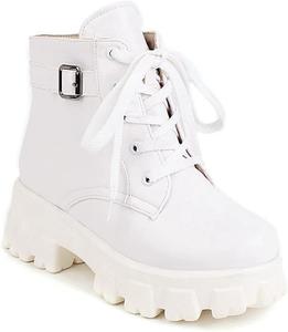 Женские ботильоны VOKLIN с круглым носком в западном стиле, на шнуровке и пряжке, с платформой, средним каблуком, короткие нарядные ботинки, White