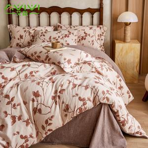 AVIVI Постельное белье, 220x240 см, простыня, пододеяльник на 1 спальное место, 2 наволочки на пуговицах, утолщенный двухслойный антибактериальный муслин, теплый коричневый, ветки с почками