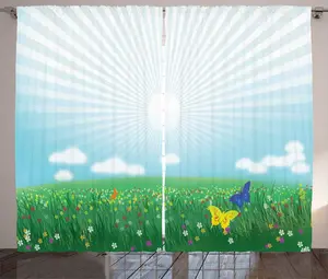 Штора ABAKUHAUS "Цветы и насекомые" в деревенском стиле, "Красочный луг", для спальни, присборенная тесьма с петлями и крючками, 280 x 225 см, нежно-голубой персидский синий Abakuhaus