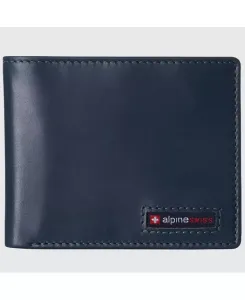 Мужской кожаный кошелек-визитница Bifold с RFID защитой и 2 окнами для удостоверений Alpine Swiss, синий