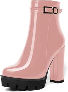 Женские ботильоны AMBELIGHT на платформе с круглым носком, однотонные, для вечеринки, с молнией, сексуальные, лакированные, массивный высокий каблук 12 см, Pink