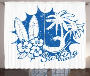 Штора ABAKUHAUS "Surfboard Rustic", волны, пальмы, гибискус, универсальная тесьма для гостиной с петлями и крючками, 280 x 225 см, белый и кобальтово-синий Abakuhaus