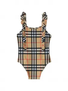 Купальник в клетку с оборками BURBERRY KIDS, бежевый