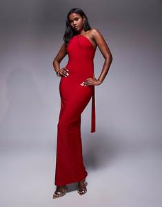 Эксклюзивное двухслойное облегающее платье макси от Kaiia с узлом на одно плечо и золотой фурнитурой на спине в красном цвете