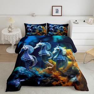 Erosebridal Комплект постельного белья 3D Seahorse с морским принтом в синем цвете из мягкого материала, Navy Blue