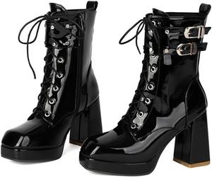 BLXQPYT Женские боевые ботинки на платформе черные с шнуровкой, с массивным каблуком и внутренней молнией, ботильоны