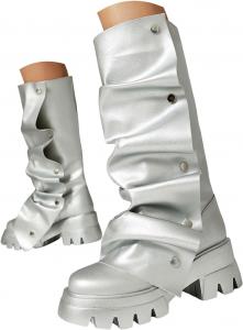 Женские свободные сапоги из искусственной кожи до середины икры с эластичной посадкой, складкой, массивной платформенной подошвой и округлым носком, стиль вестерн Generic, Silver