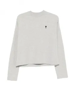 Пуловер с круглым вырезом и вышитым логотипом Ami Paris, серый