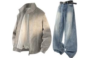 Повседневная спортивная одежда Unisex с воротником стойкой умеренная X1617, серый top[fleece-lined]+синий jeans