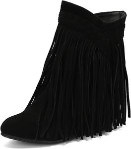 Женские замшевые ботинки с кисточками до середины икры, уличные вестерн-ботильоны с бахромой в стиле ковбой, ретро с заостренным носком, внутренняя подошва для увеличения роста, ботинки на один шаг Helenbra, Black