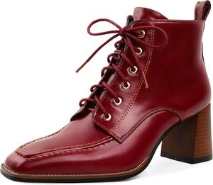 Женские ботильоны на шнуровке с массивным каблуком, квадратным носком и боковой молнией, каблук 7 см Jaffamiraco, Wine Red