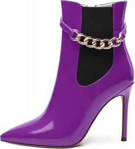 Женские ботильоны, короткие ботинки с высоким каблуком и заостренным носком, боковая молния, модный ремешок с цепочкой RLYGHWAO, Purple Patent