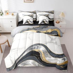 Erosebridal Комплект постельного белья Abstract Marble Queen с бронзовыми пайетками, черно-белый мраморный принт, современный дизайн, Black Grey White