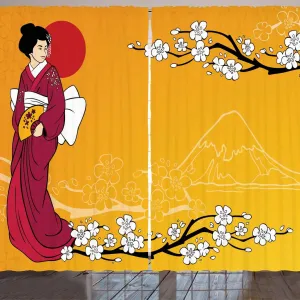 Занавеска Цветущая вишня от ARANDE, Женщина-гейша, цветущая вишня, деревья, горы, элементы японской культуры, 280 x 225 см, земляной желтый бордовый Abakuhaus