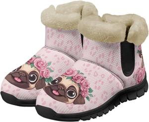 Зимние женские ботинки с теплой пушистой подкладкой, снежные ботинки на ходьбу, слипоны, ботильоны, с принтом собаки Chririnla, Pink Flower Cute Pug Dog