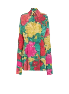 Креповое платье-рубашка с принтом из роз Balmain, мультиколор