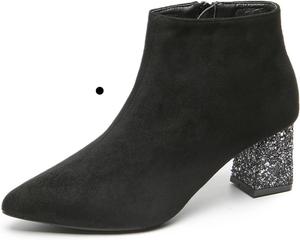 Женские замшевые блестящие ботильоны на массивном каблуке с боковой молнией, модный зауженный носок, удобные, с нескользящей подошвой, на блок-каблуке, осенне-зимние короткие ботинки для повседневной носки и вечеринок OXNGEOS, Black-Velvet