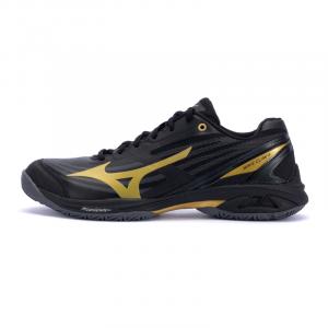 Mizuno Кроссовки для бадминтона Claw Eagle Claw 4 из синтетической кожи с амортизацией, износостойкие, унисекс, черный с золотыми вставками