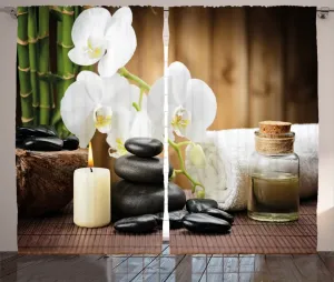 Штора ABAKUHAUS Spa Rustic, азиатские цветы и камни в стиле дзен, универсальные ленточные шторы для гостиной с петлями и крючками, 280 x 225 см, цвет белый, черный и зеленый Abakuhaus