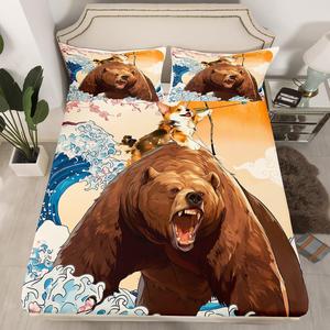 Erosebridal Комплект постельного белья Kids Funny с принтом корги и медведя в японском стиле, океанские волны и дикая природа, глубокий карман, Brown Beige Navy