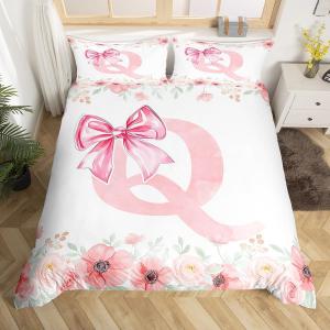 Erosebridal Комплект постельного белья Kawaii Pink Bow Tie Bowknot с цветочной монограммой Q, весенний свежий стиль, мягкий дышащий микрофибра для детей, Pink White Q