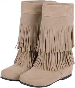 Женские ковбойские сапоги Ulalaza с бахромой, скрытой танкеткой, скуфита на щиколотке, с кисточками, стразы, блестящая ткань, нубук, удобные сапоги на ноге для улицы, свадьбы или вечеринки, S3-Offwhite