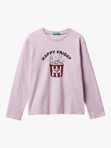 Детская хлопковая футболка с длинным рукавом и принтом Benetton, Violet