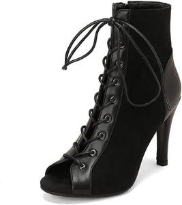 Женские танцевальные ботильоны JXUZY Jazz с открытым носком, кружевными шнурками и высоким каблуком типа «стилет» Generic, D961-Zippered-Black
