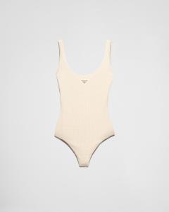 Слитный купальник из джерси с стразами Prada, нюдовый/прозрачный