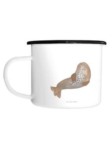 Эмалированная кружка XL с надписью Смеется без слов белого цвета Mr. & Mrs. Panda