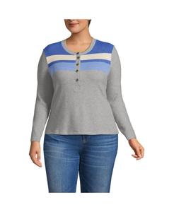 Уютная блузка-поло с длинными рукавами большого размера в рубчик Lands' End, Clear blue placed stripe